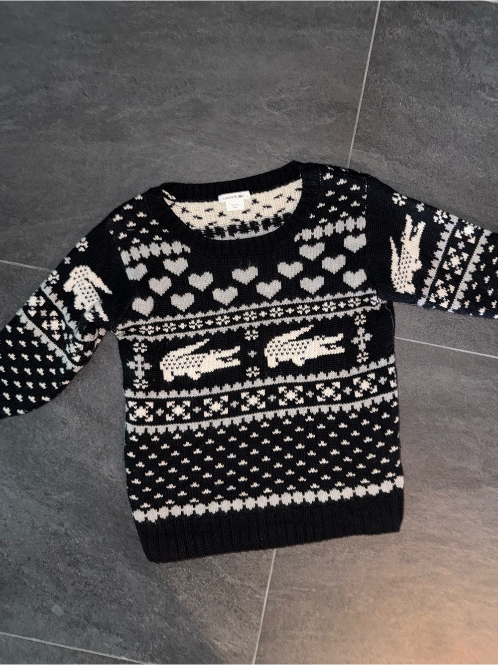 Lacoste Black & White Croc Fair Isle Crewneck Sweater